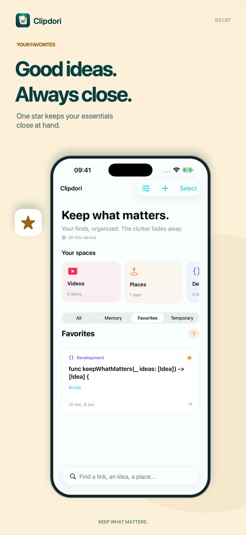 “Good ideas. Always close.” The Favorites filter showing a starred code snippet.