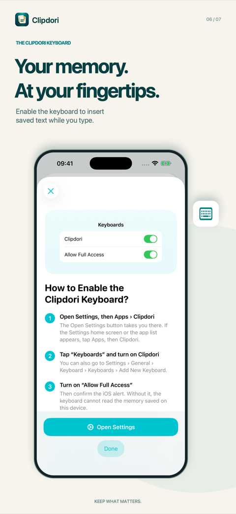 “Your memory. At your fingertips.” The in-app guide to enable the Clipdori keyboard in three steps.