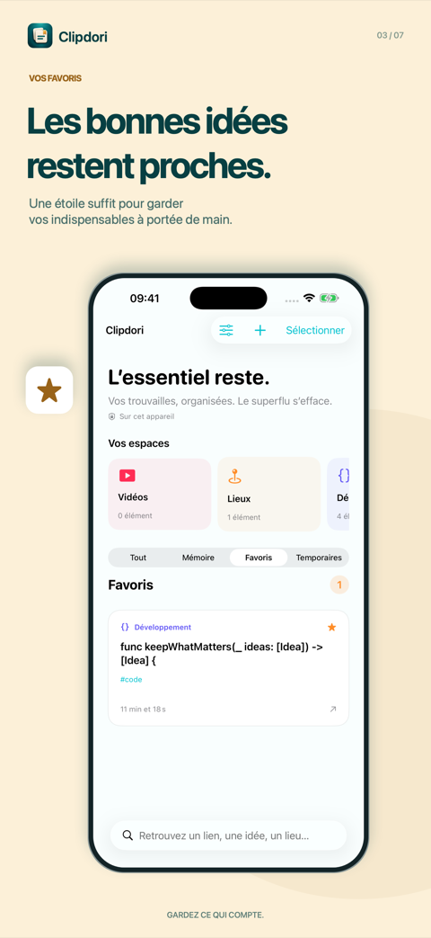 « Les bonnes idées restent proches. » Le filtre Favoris avec un extrait de code marqué d’une étoile.