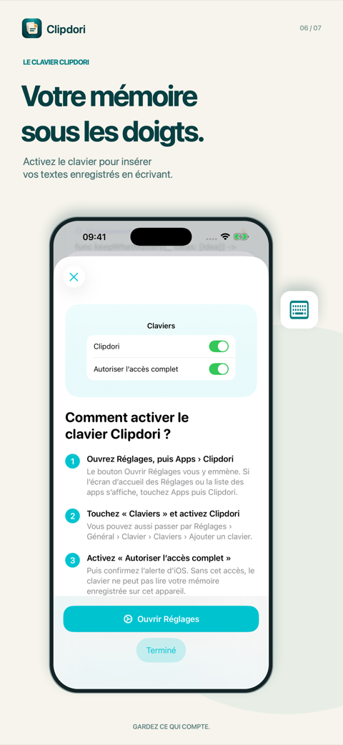 « Votre mémoire sous les doigts. » Le guide de l’app pour activer le clavier Clipdori en trois étapes.