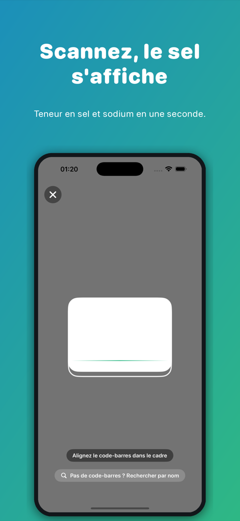 Le scanner de code-barres de Salt Scan, avec un cadre pour aligner le code-barres et un raccourci Rechercher par nom
