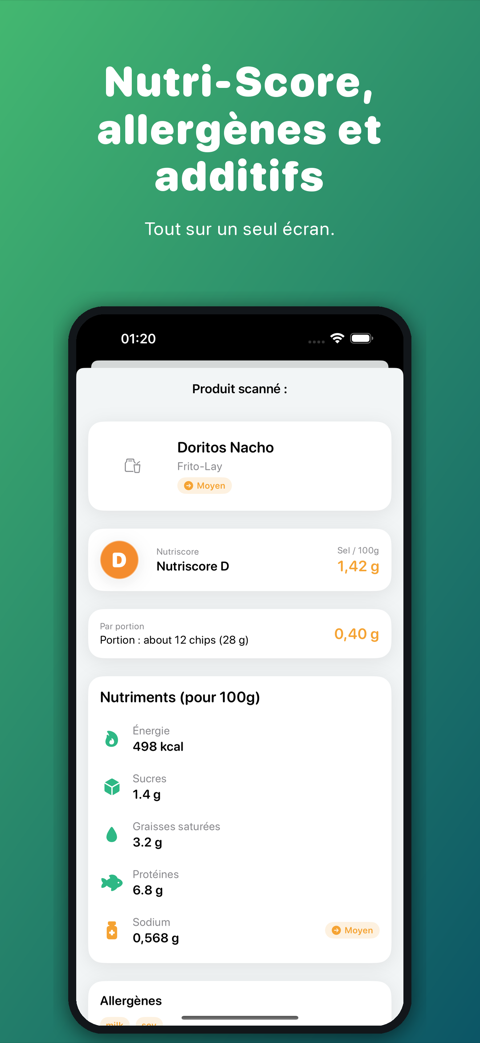 Un produit scanné avec un repère Moyen, son Nutri-Score, le sodium pour 100 g et par portion, et ses nutriments