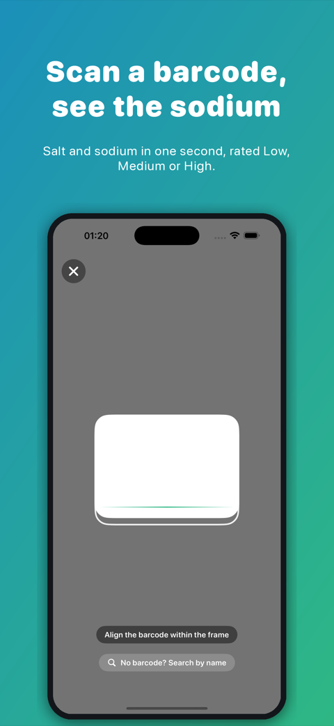 The Salt Scan barcode scanner with a frame to align the barcode and a Search by name shortcut